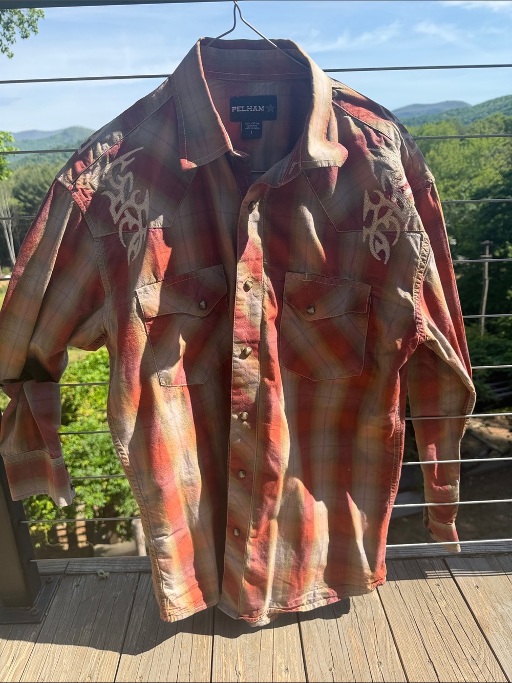 Men's Pelham pearl snap Orange Plaid Western Shirt, size L